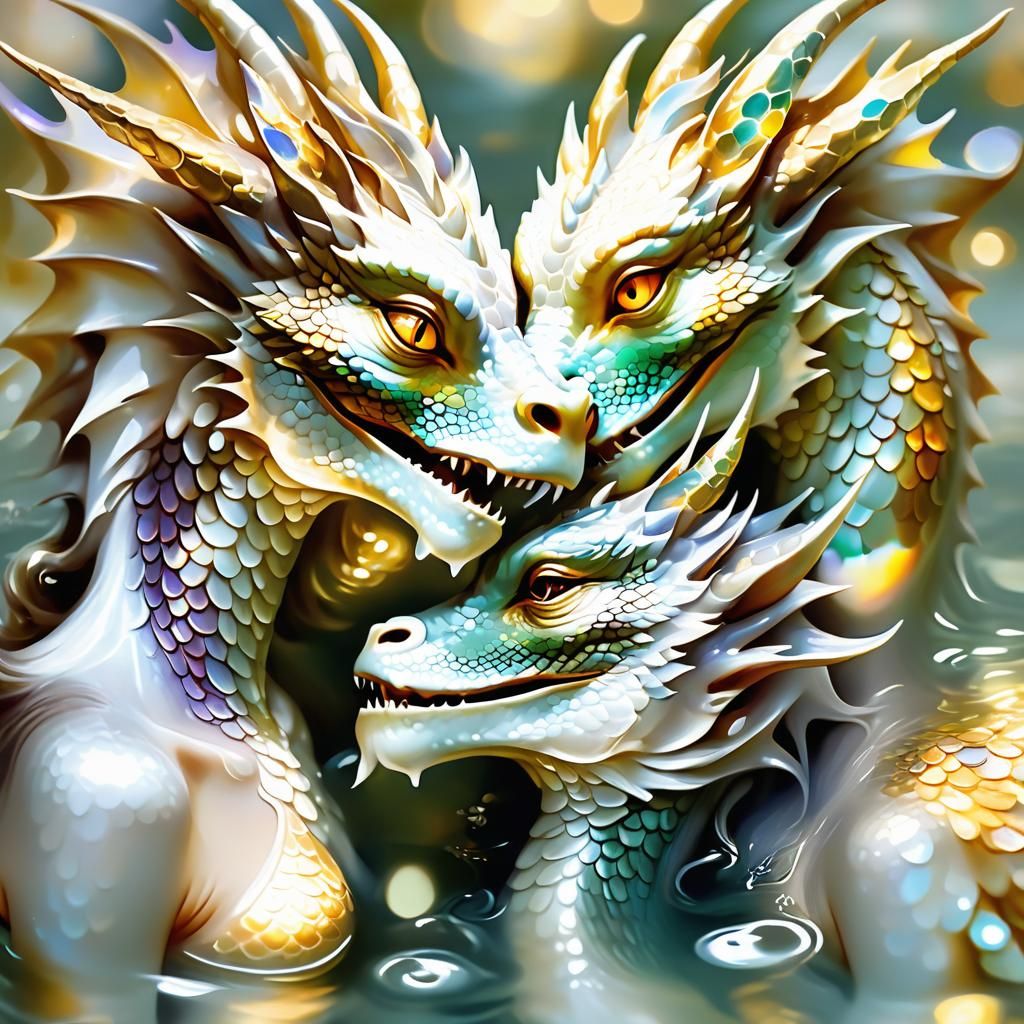 Twoheaded kissing brilliant whitest glass ghost woman dragon...