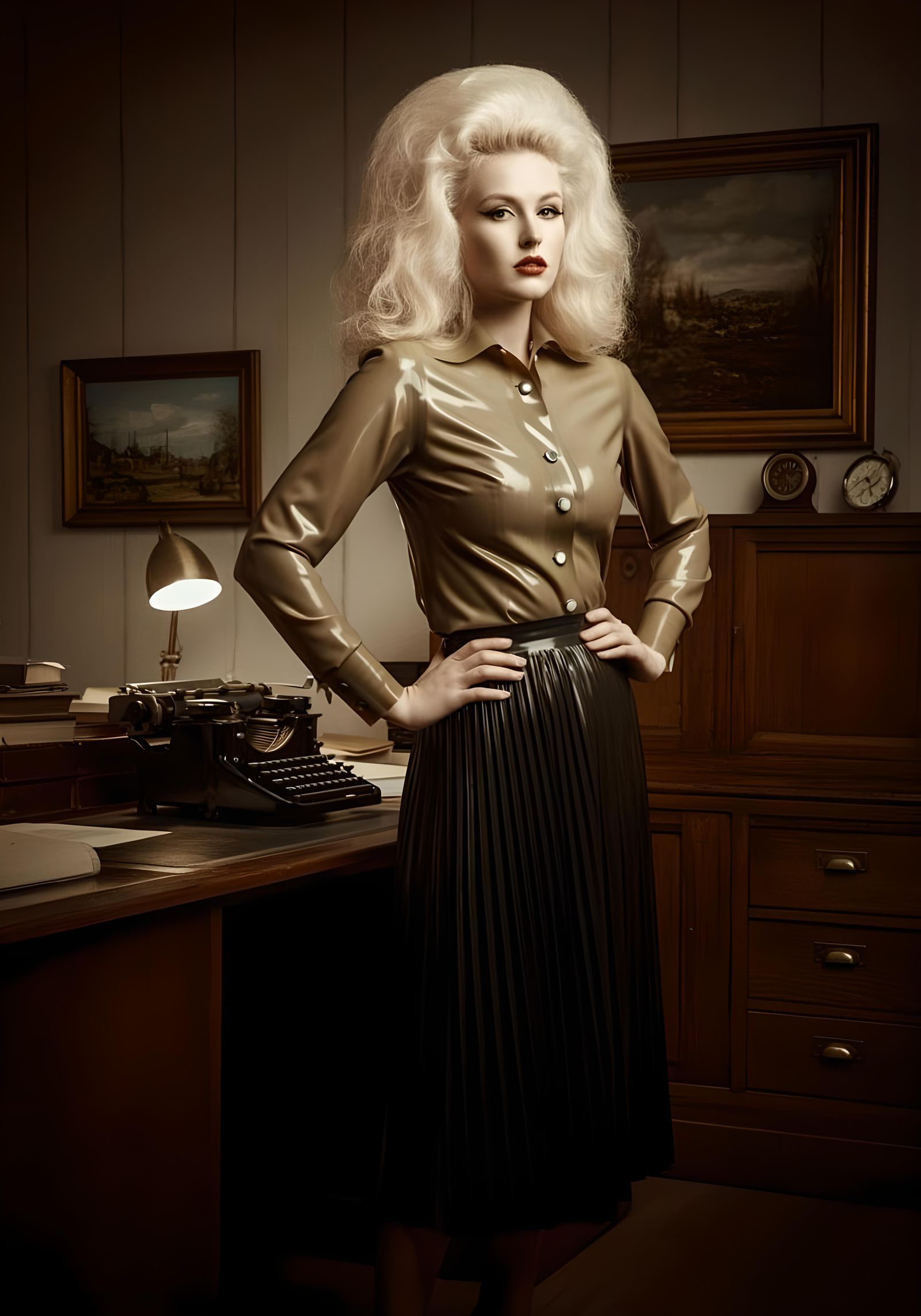 A 1950s secretary woman with ultra-blonde hair wearing a shi...