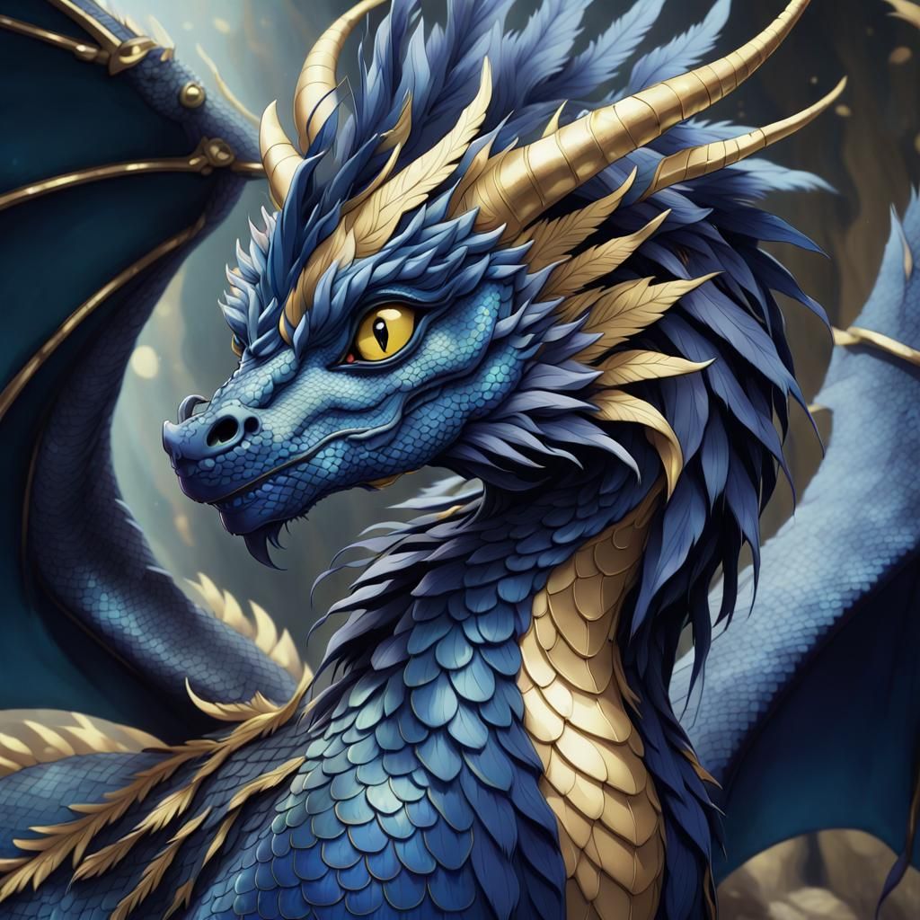 Blue and Gold Dragon Queen in Anime Style