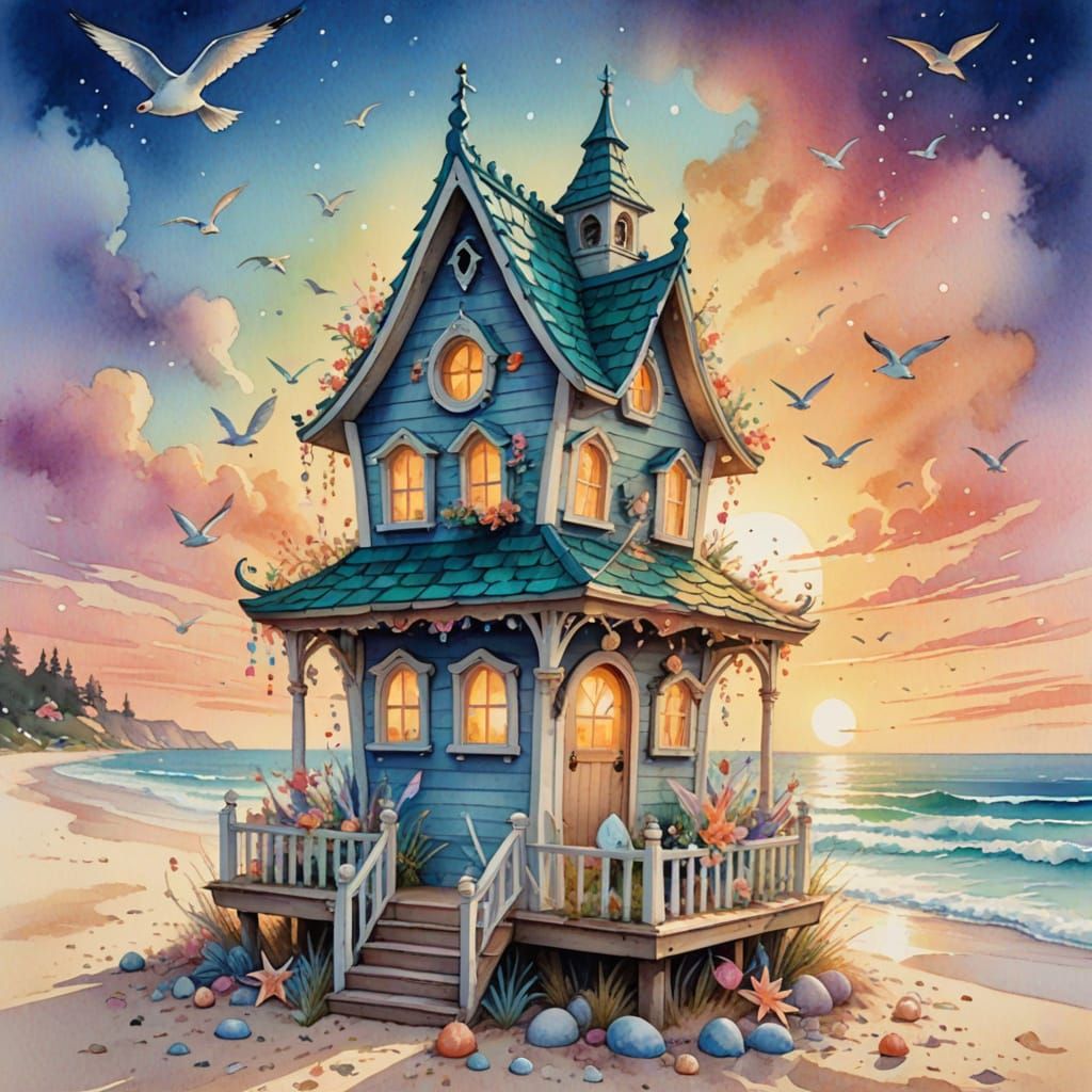 Whimsical Beach House Birdhouse in Watercolor Style