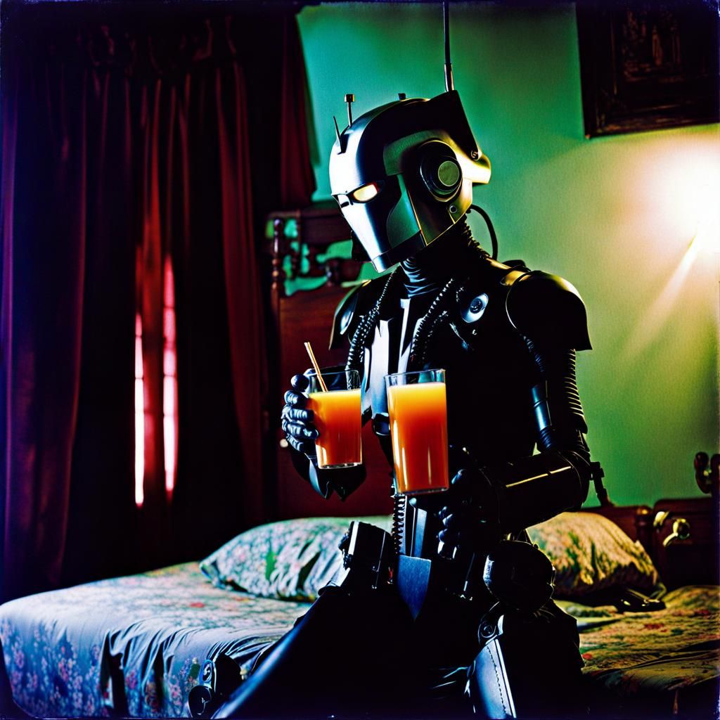 Machinepunk Cyborg Sipping Juice in Grunge Bedroom