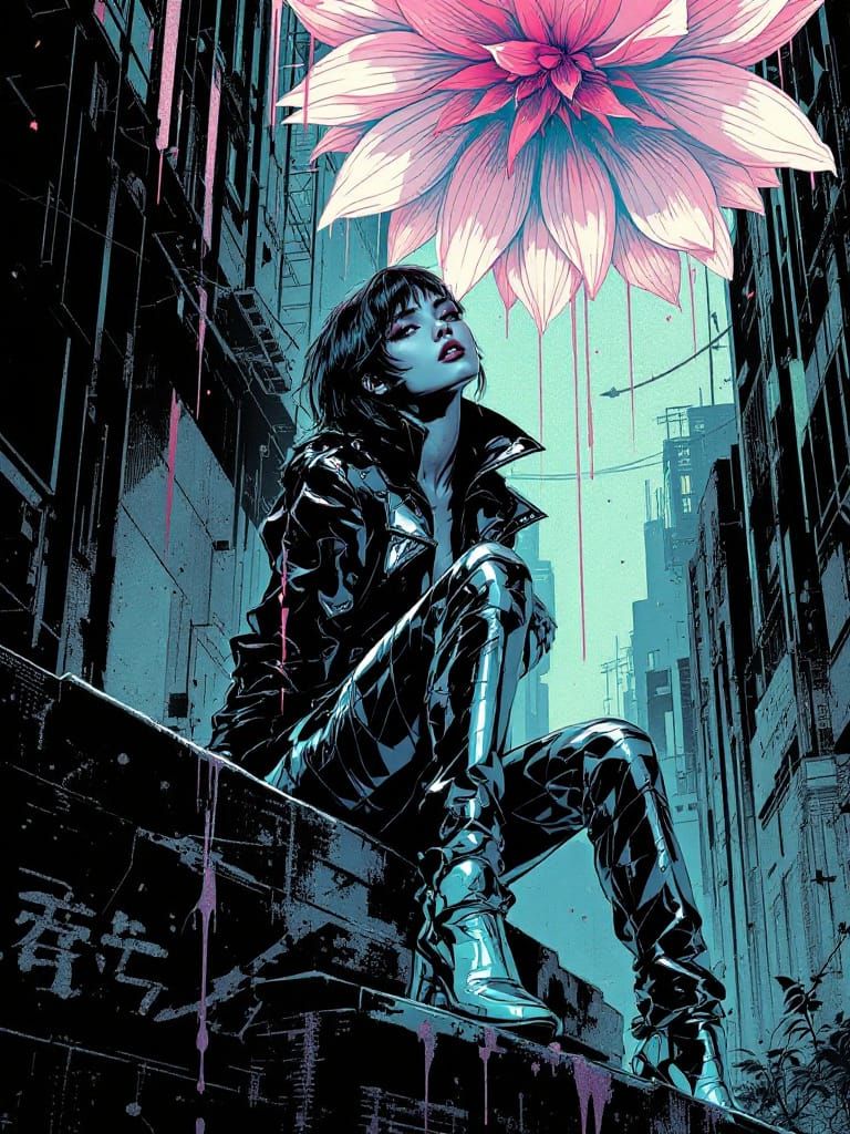 Cyberpunk Woman Under Giant Bloom in Red-Cyan Tones