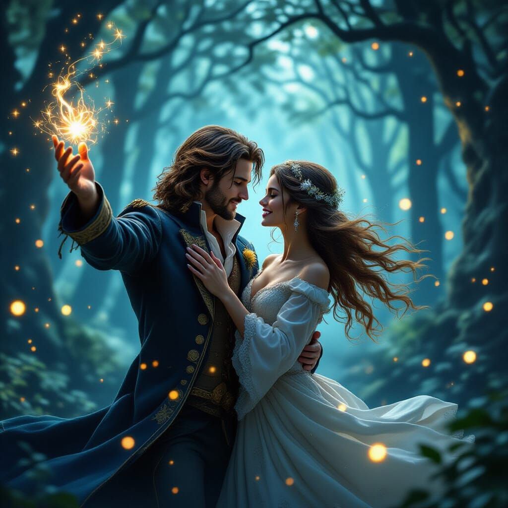 Enchanted Couple Casting Spells in Mystical Forest