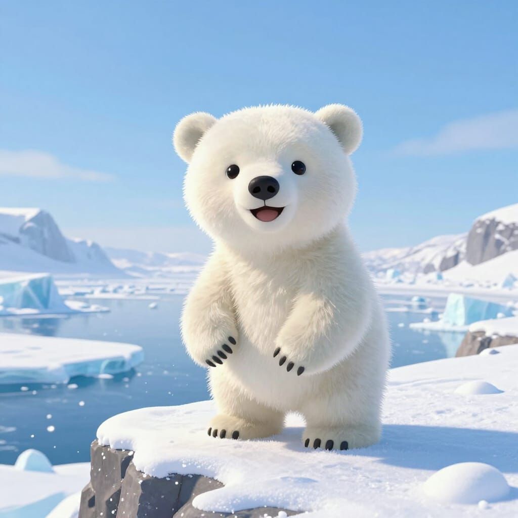 Cute Baby Polar Bear Smiling on Snowy Cliff