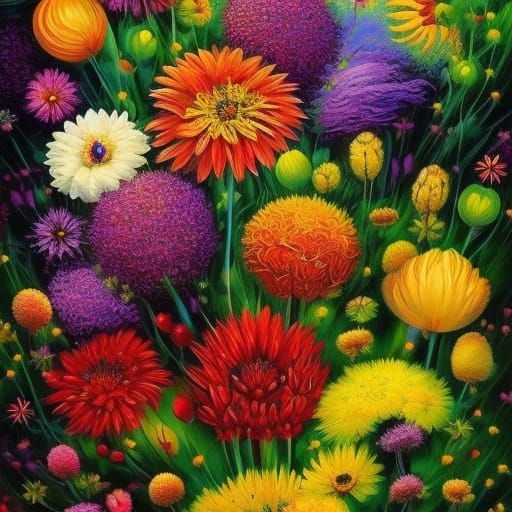 Detailed Floral Fantasy in Mixed Media Style