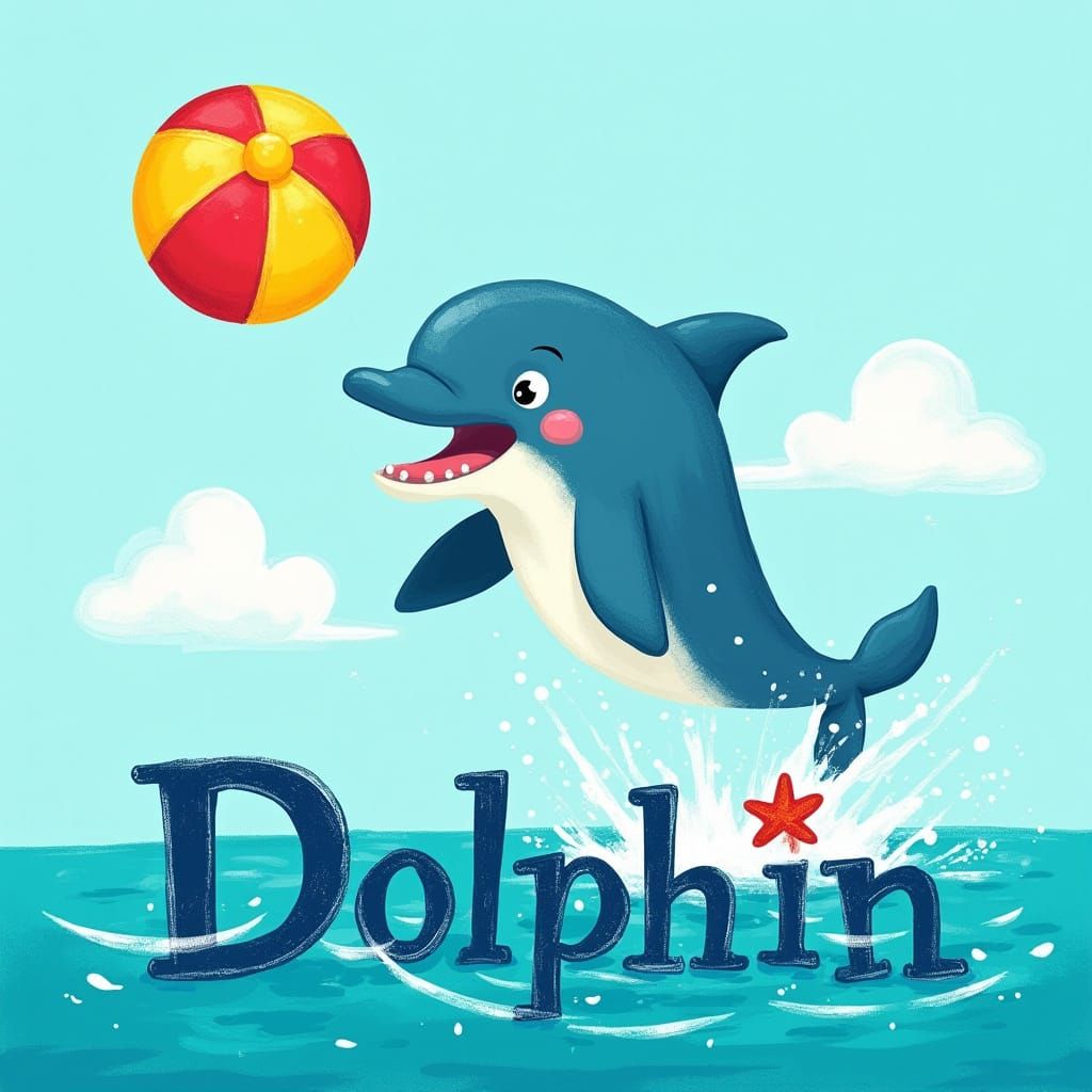 Vibrant Dolphin Plays with Beach Ball in Whimsical Children'...