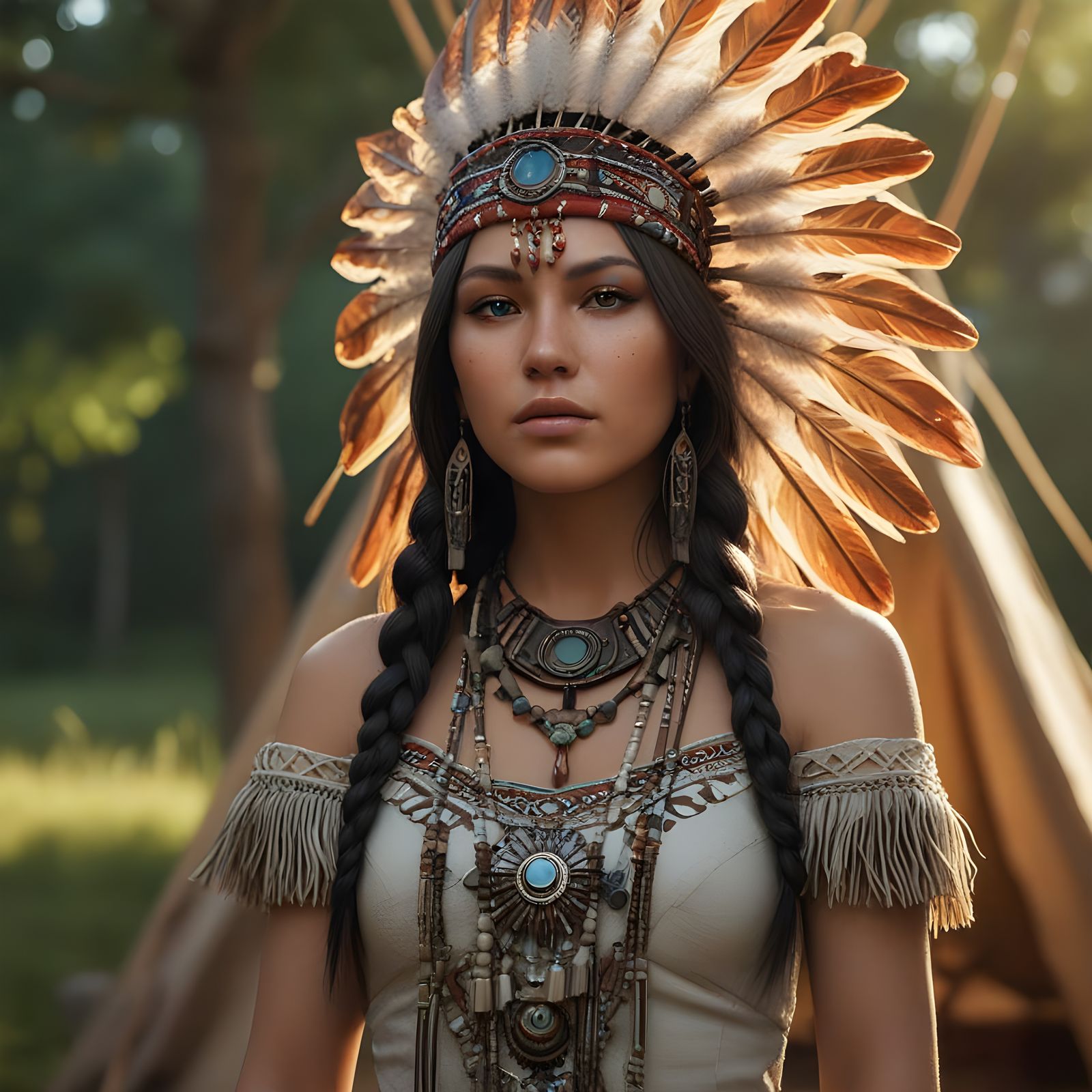 Majestic Native American Princess in Traditional Teepee Land...