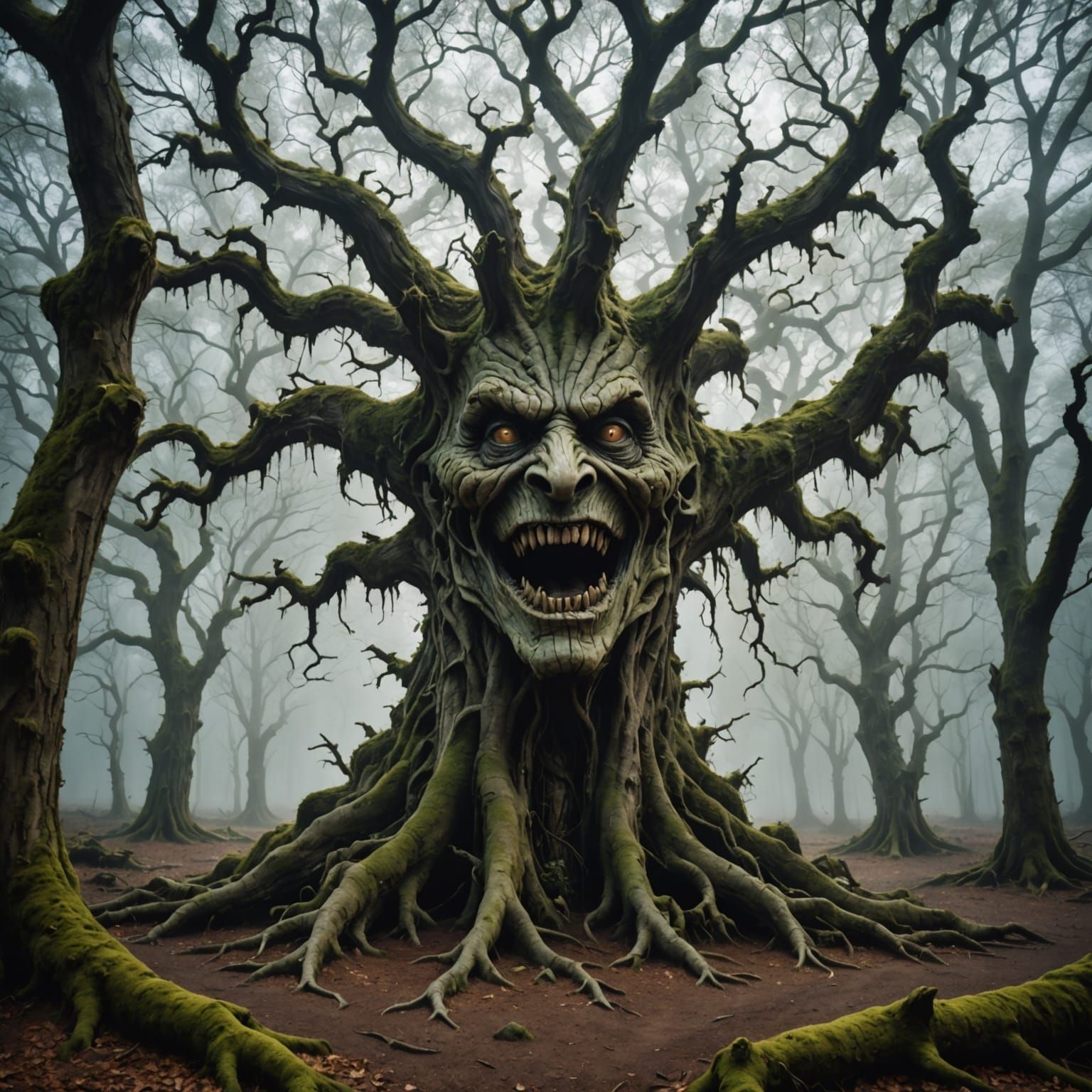 Ancient Tree in Mystical Forest, Expressive Face, Dark Fanta...