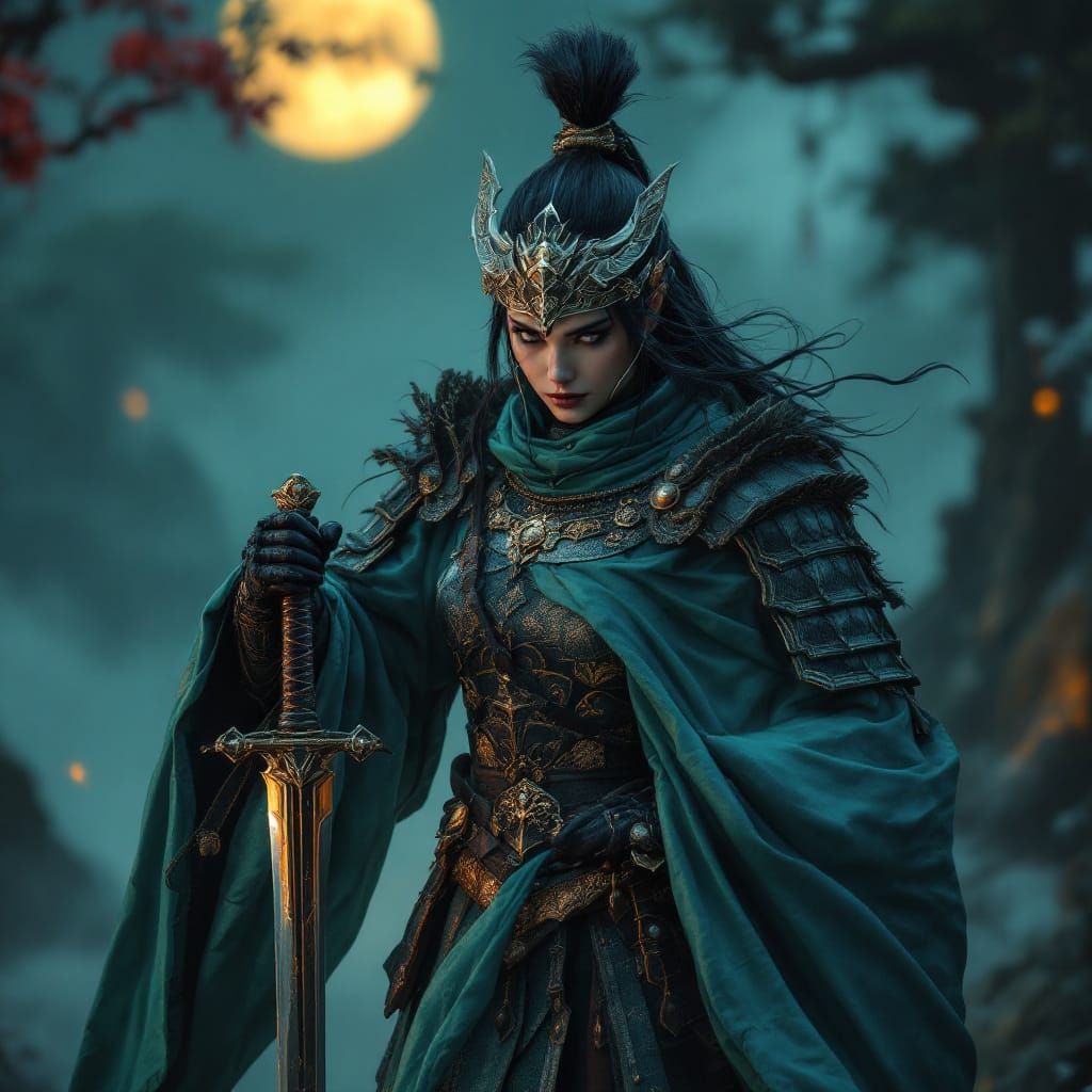 Jade Armored Warrior Woman in Feudal Japan