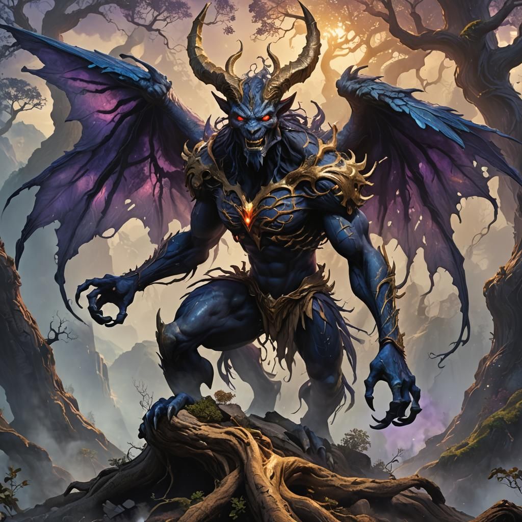 Winged Demon in Misty Mountains: Digital Fantasy Art