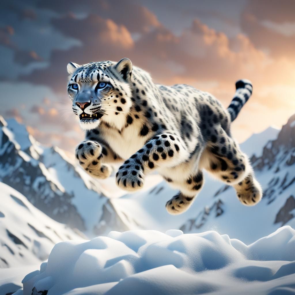 Snow Leopard Leaping: Detailed Fantasy Concept Art