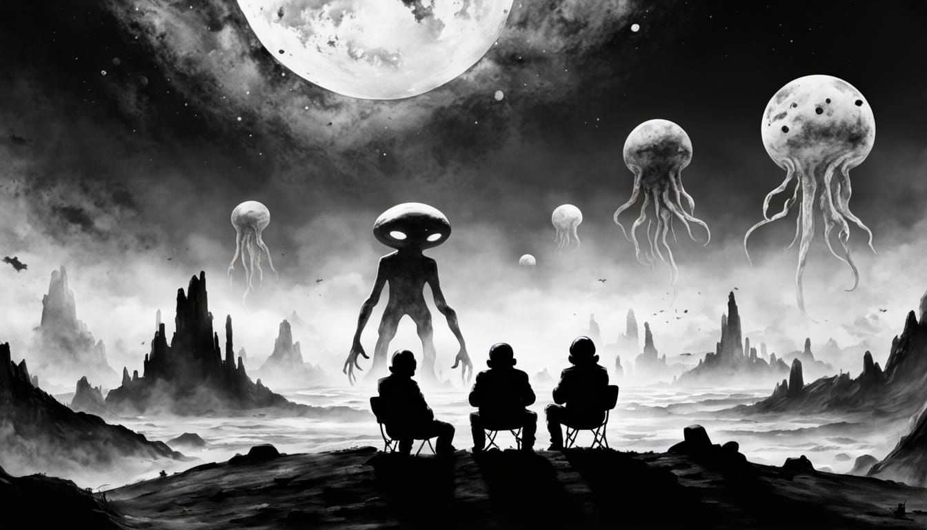 Alien Panorama with Dejected Cosmonaut in Watercolor Style