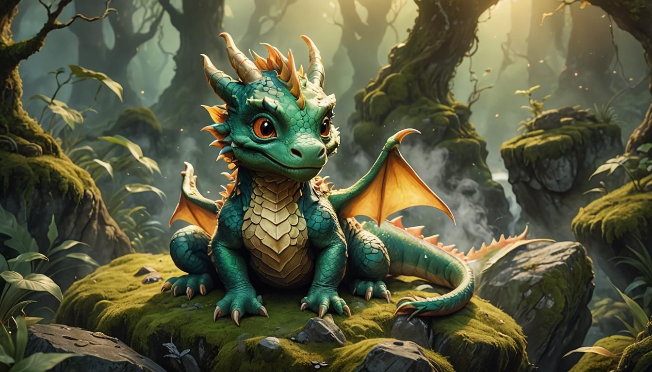 Endearing Baby Dragon in Whimsical Forest