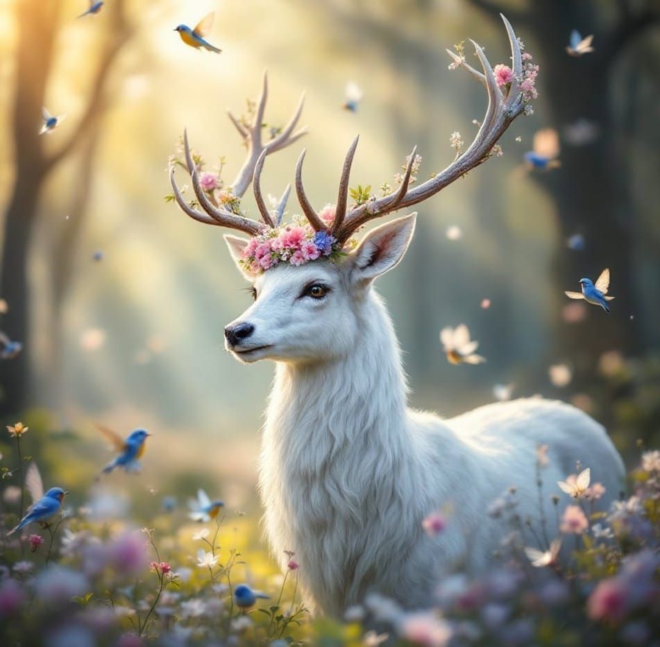 A Dreamy White Stag Surrounded by Ethereal Beauty