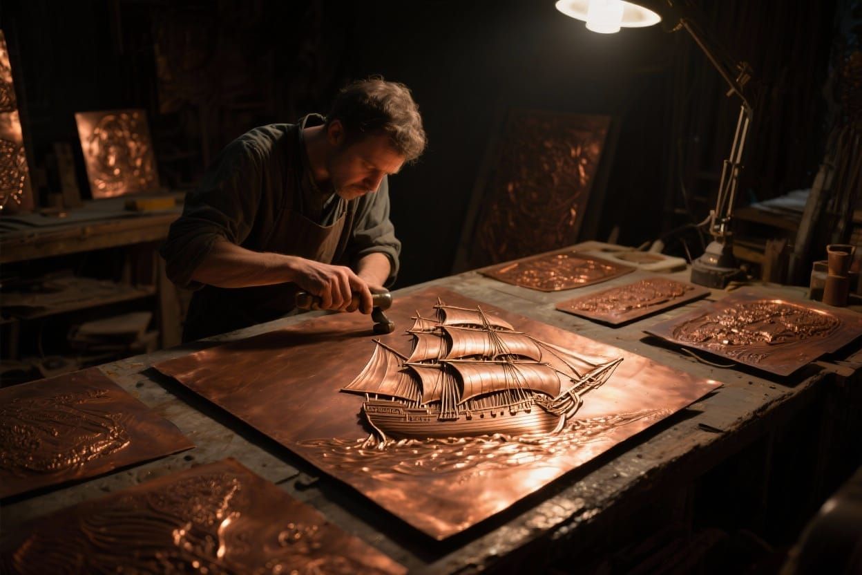 A person using repoussé technique on copper sheet.