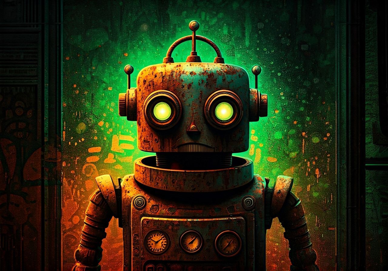 Sad Robot in Green and Orange Hues