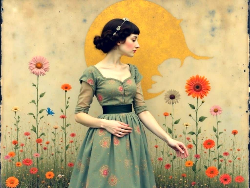 Woman with Floral Background in Gold Style