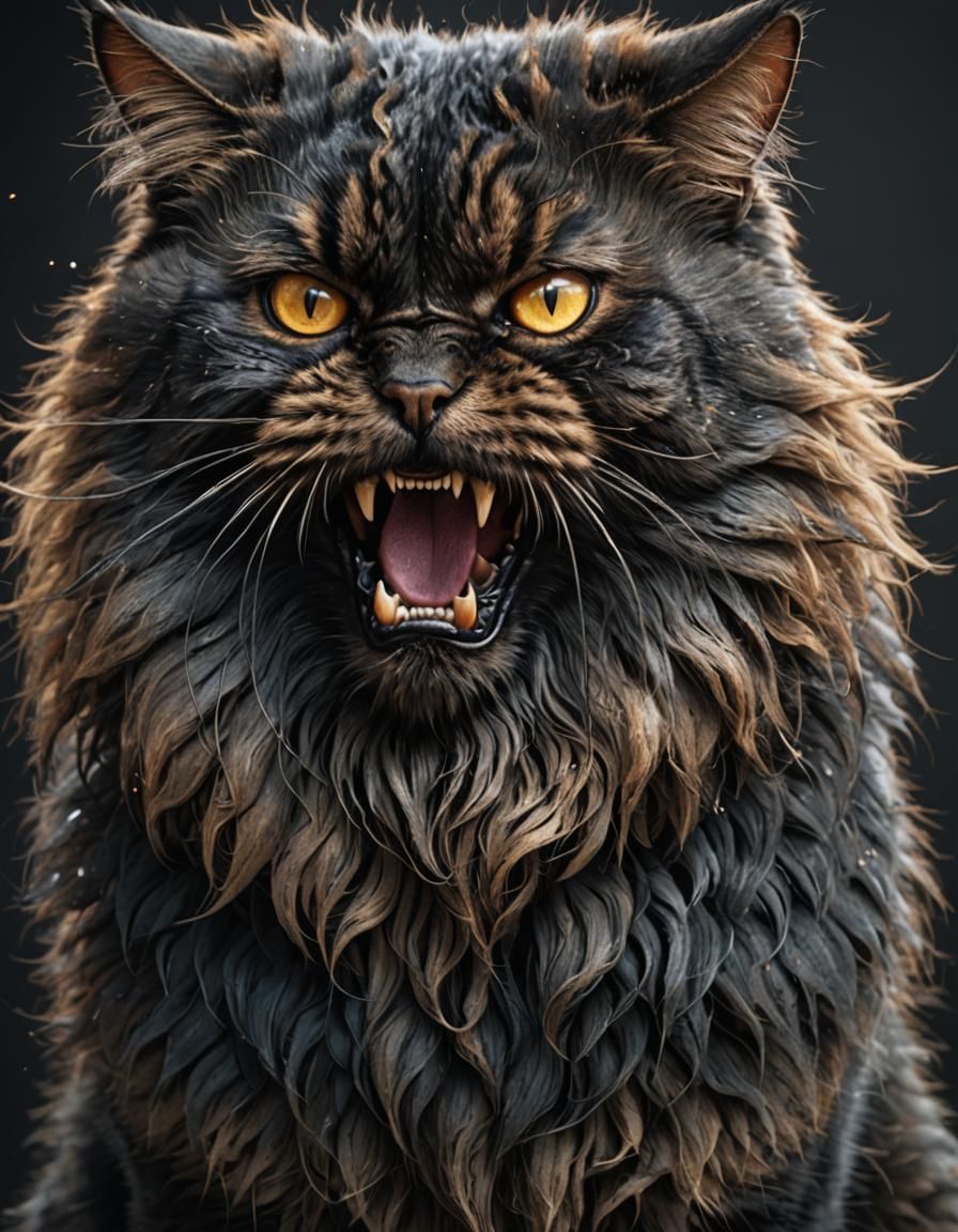 Angry Black Cat with Beard, Detailed Matte Painting