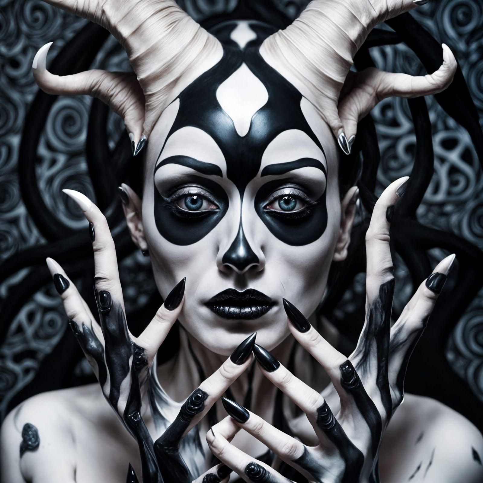 Surreal Horned Woman with Porcelain Face in Goth Style