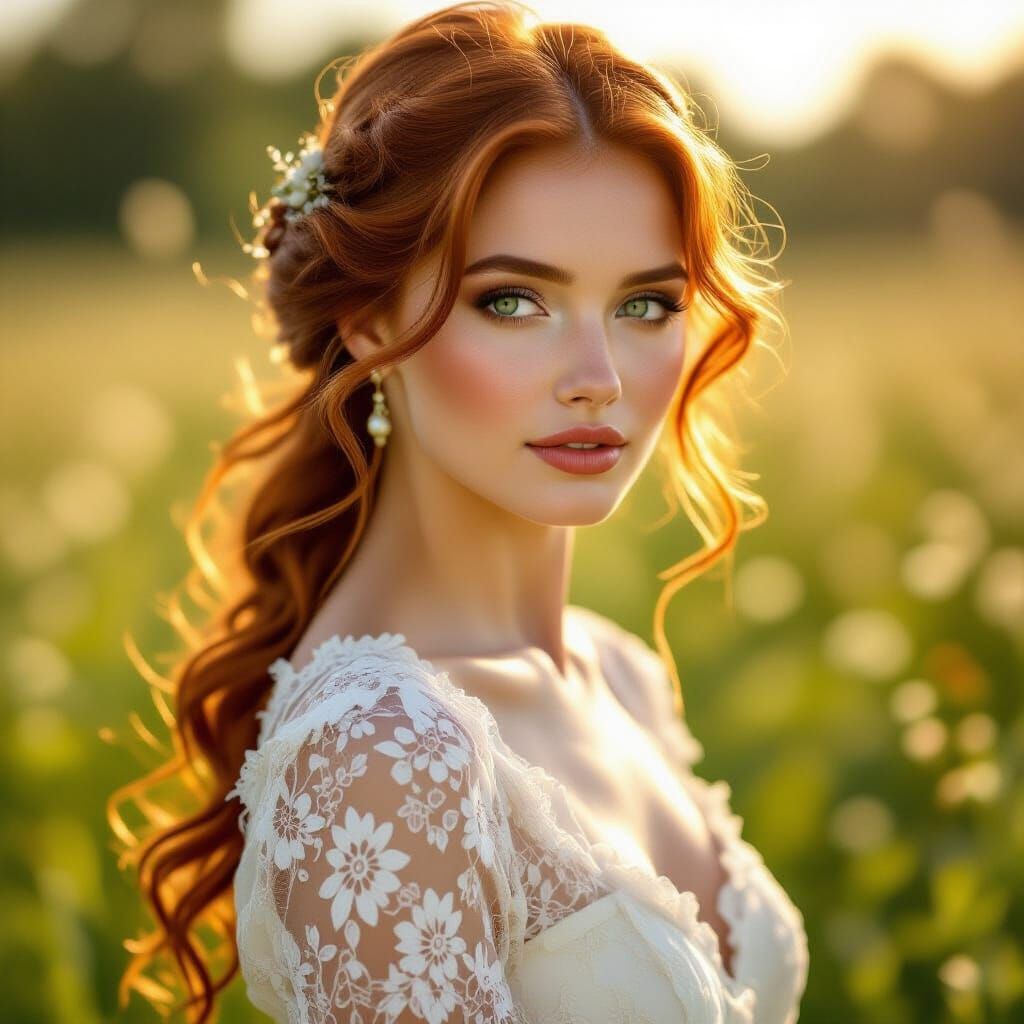 Ethereal Woman in Lace Dress in Sunlit Meadow