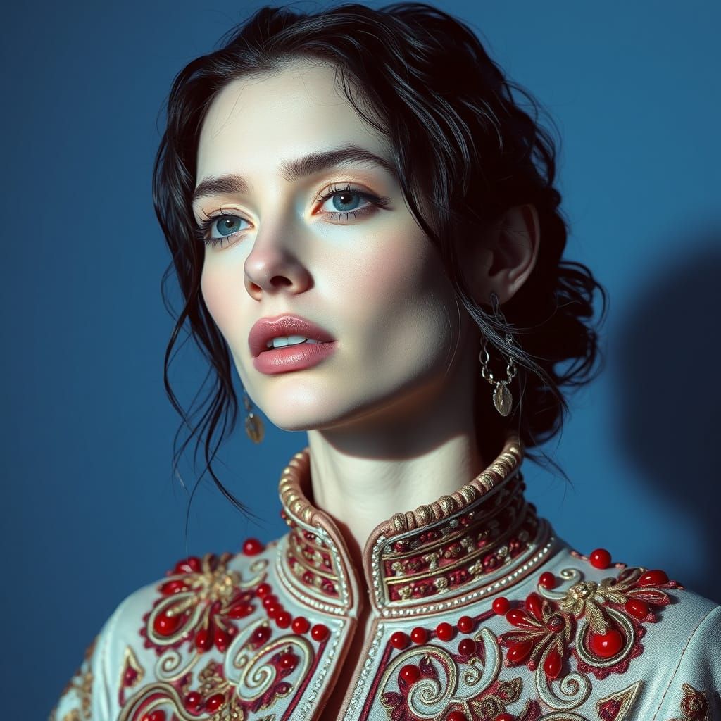 Icy Model with Ruby Embroidery in Futuristic Style