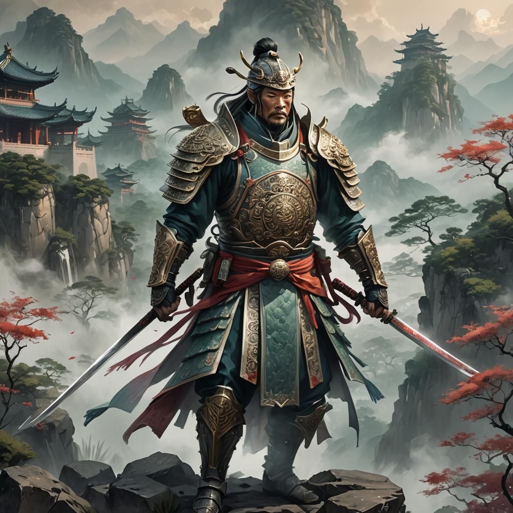 Chinese Swordsman in Misty Landscape, Digital Art