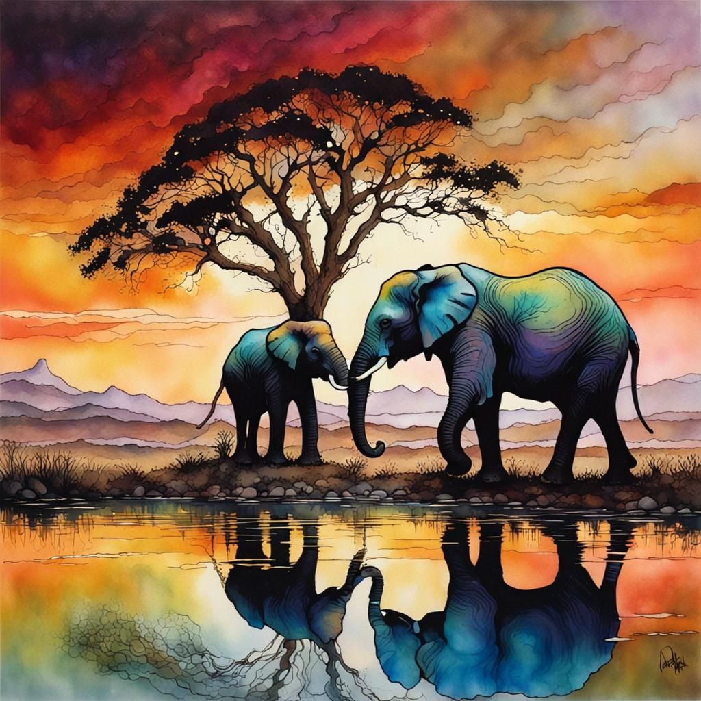 Epic Elephant in Alcohol Ink Landscape