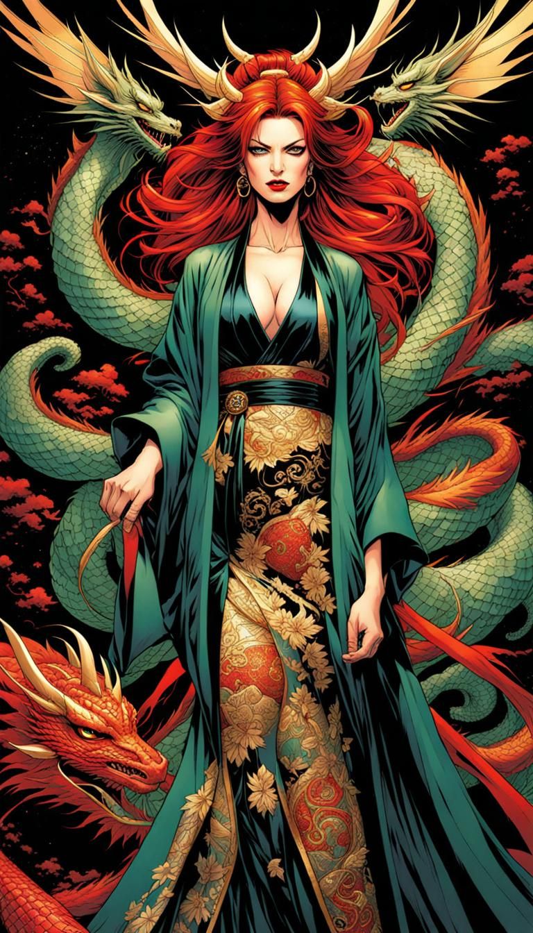 Redcheaded woman wearing an intricate dragon kimono, rafeal albuquerque comic art, vertigo comics, the sandman from gra...