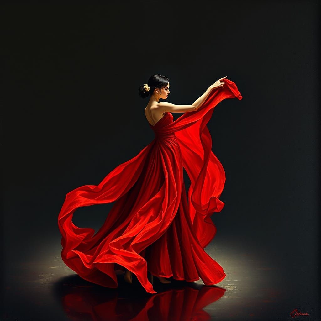 Red Dress Dominates Ethereal Void in Abstract, Impasto Paint...