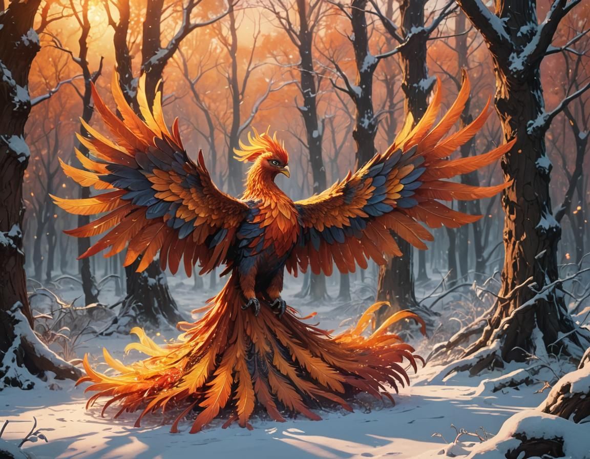 Magical Phoenix Melts Winter Forest in Anime Style