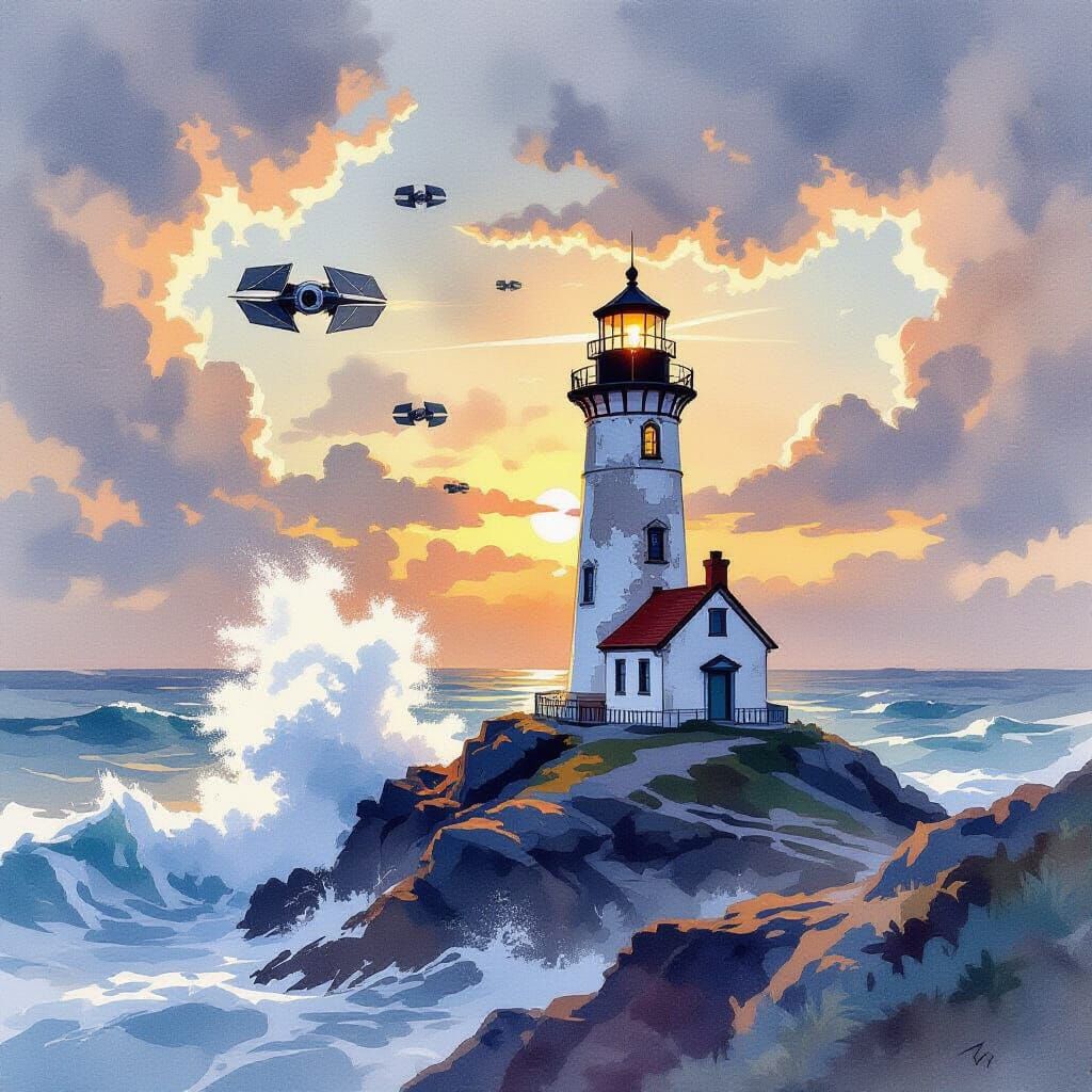 Lighthouse Watercolor with Tie Fighters, Homer Style