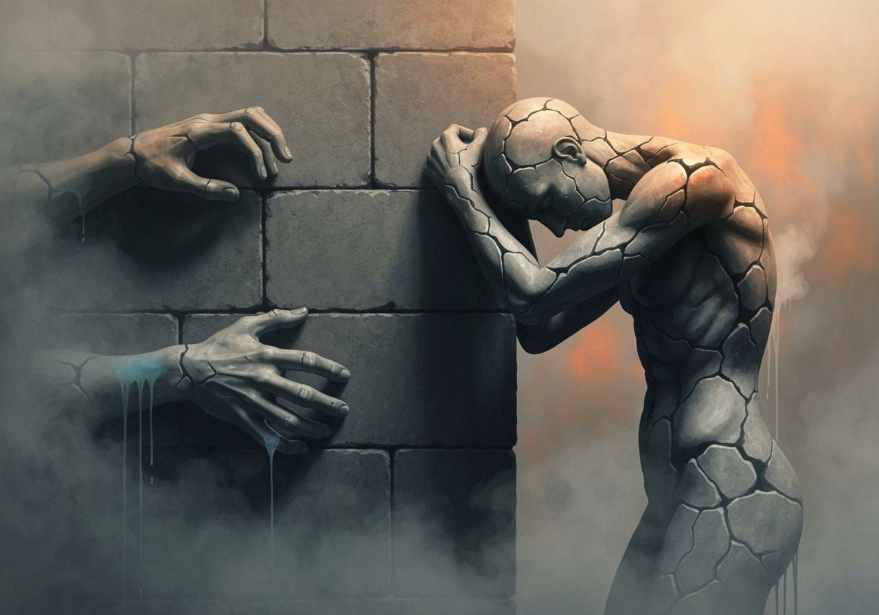 Surreal Stone Figure in Foggy Ink Painting