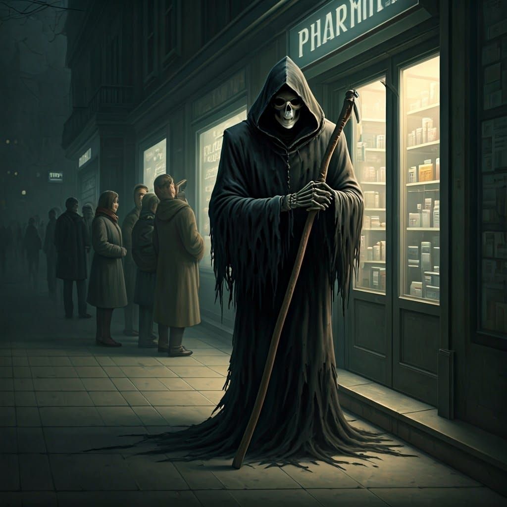Grim Reaper Waiting Outside Pharmacy in Gothic Style
