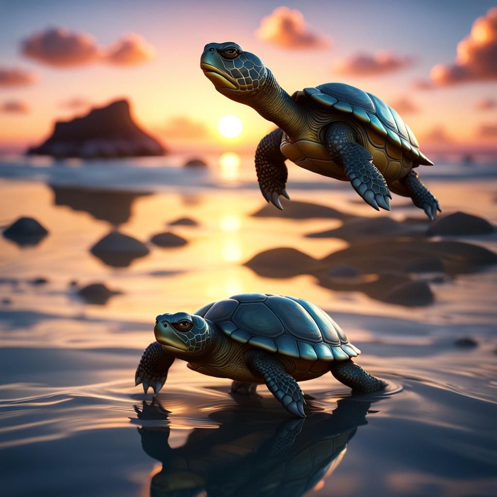 Animated Baby Turtles at Sunset in Glassy Sea