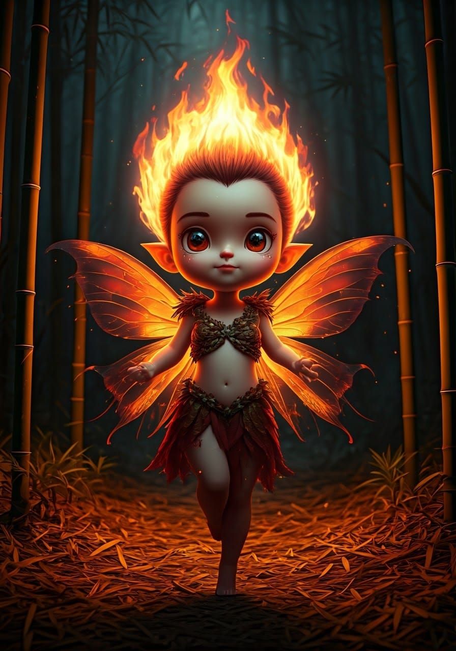 Chibi Fire Fairy Dances in Dark Bamboo Grove