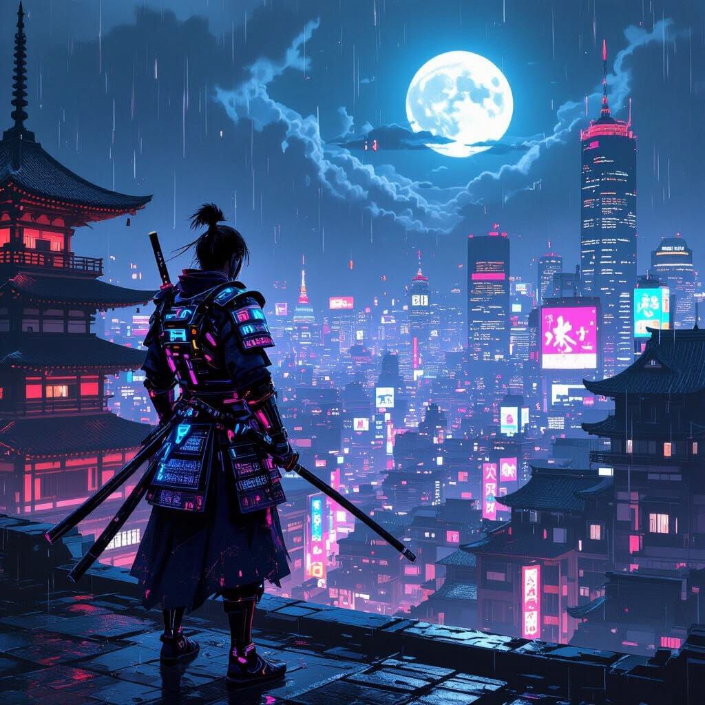 Cyberpunk Samurai on Rooftop Overlooking City