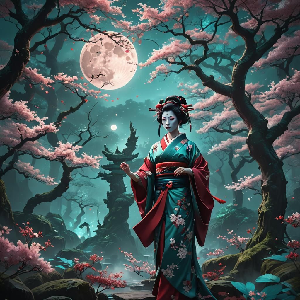 Geisha Spirit in Blossoming Underworld: Fantasy Matte Painti...