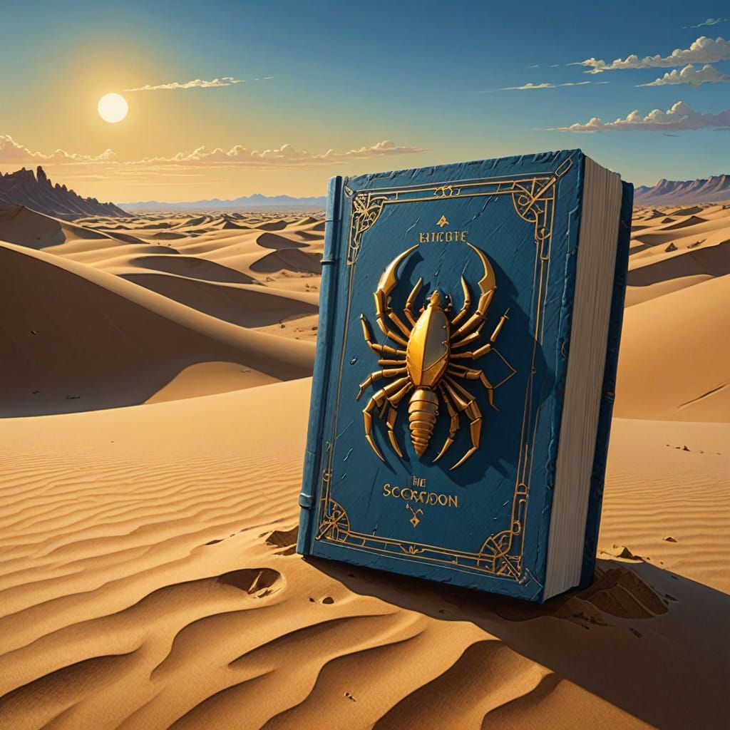 Golden Scorpion Book in Desert Landscape, Inspired by Fantas...