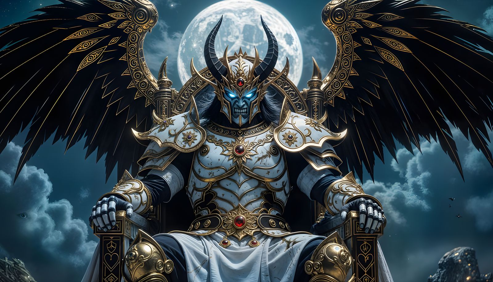 Demon Warrior in Ruined Armor on Ancient Throne