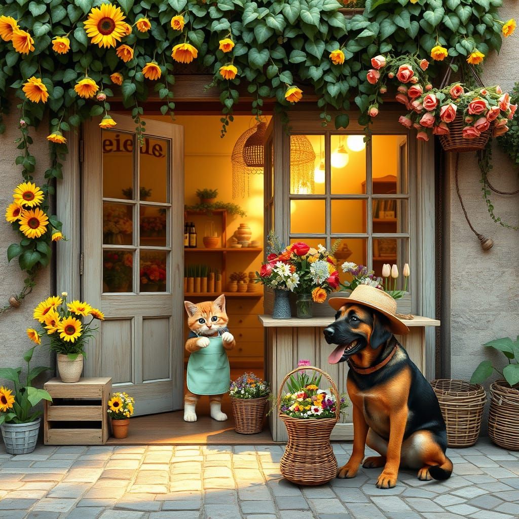 Whimsical Flower Shop with Playful Pets