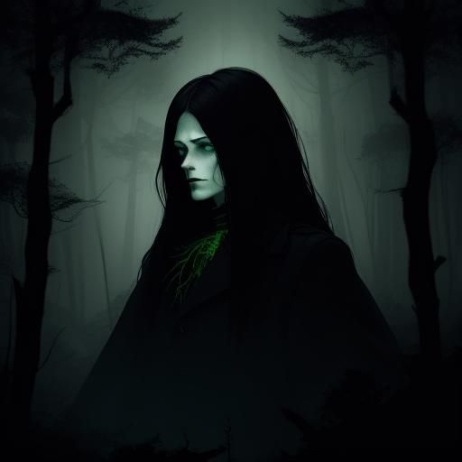 Panicked Woman in Dark Forest: Impressionist Film Still