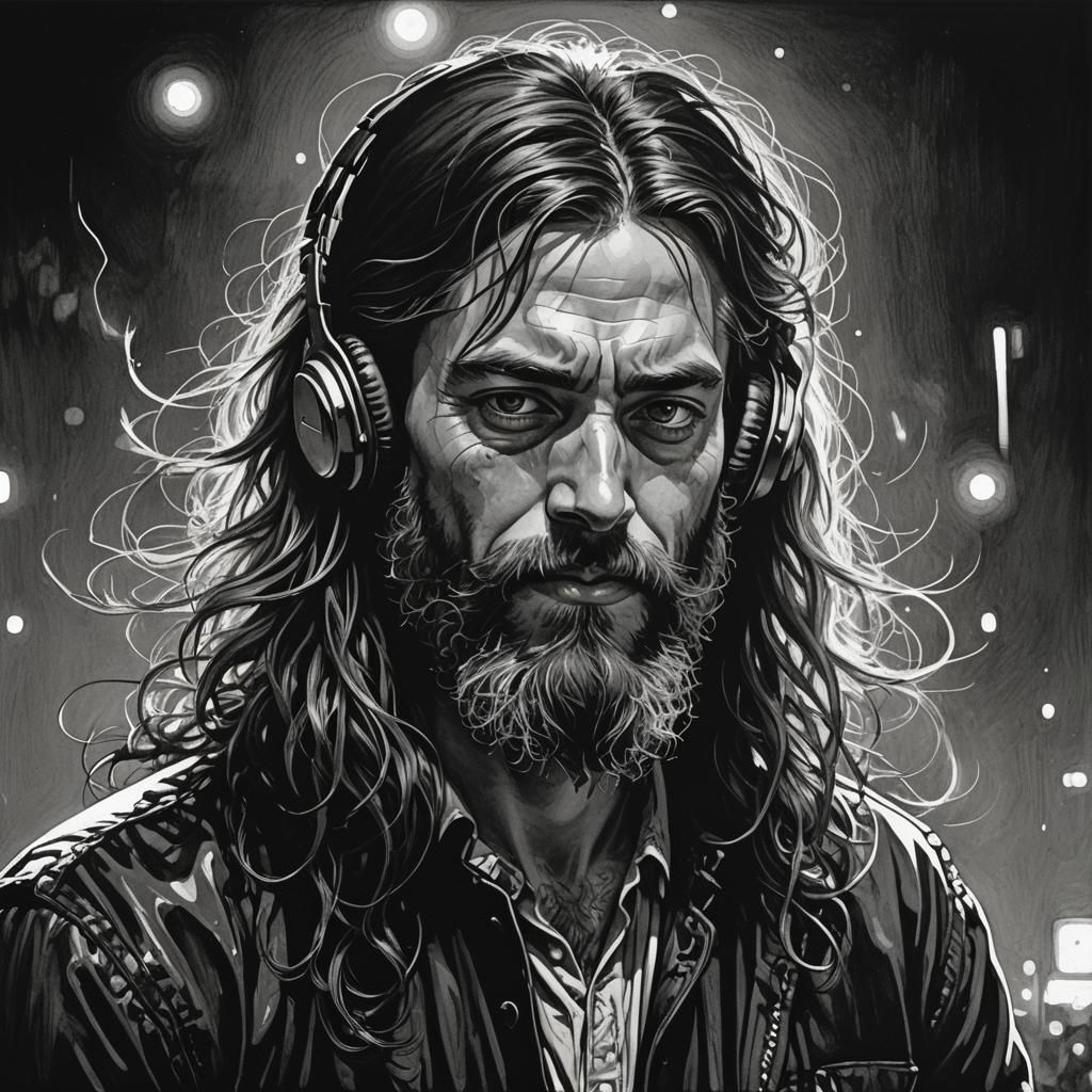Bearded Man Listening to Music in Film Noir Style