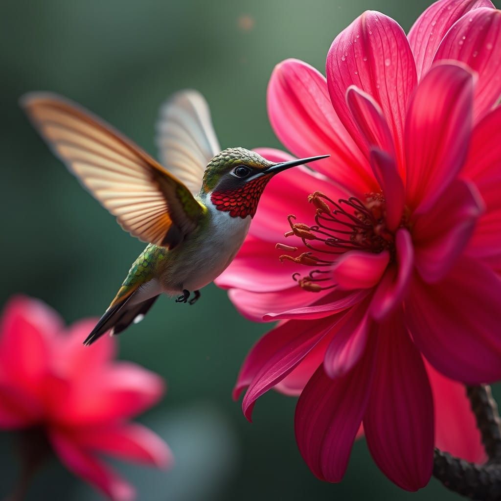 Hummingbird in Flight, Fantastical Bloom