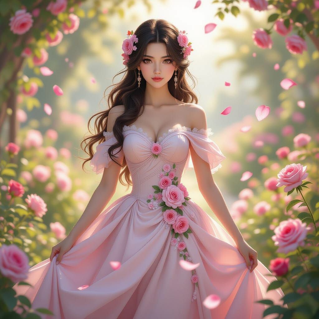 Elegant Woman in Magical Garden, Anime Style