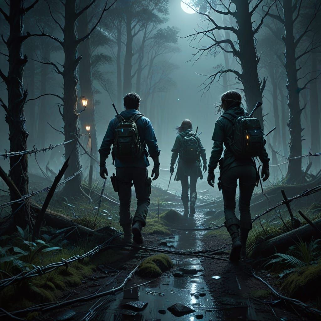 Eerie Dystopian Escape Through Dark Forest