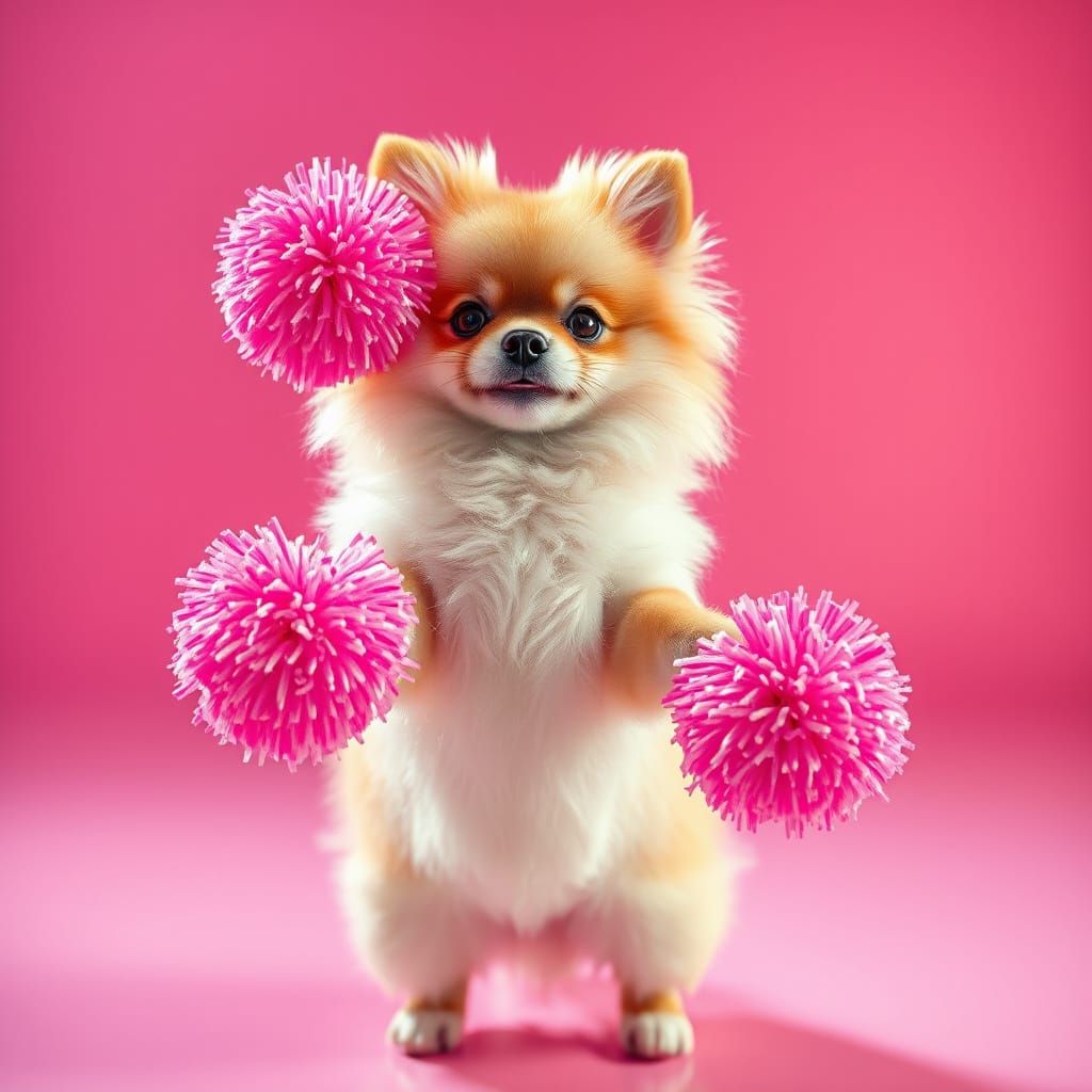 Pomeranian Cheerleader in Hyperreal Airbrush Style