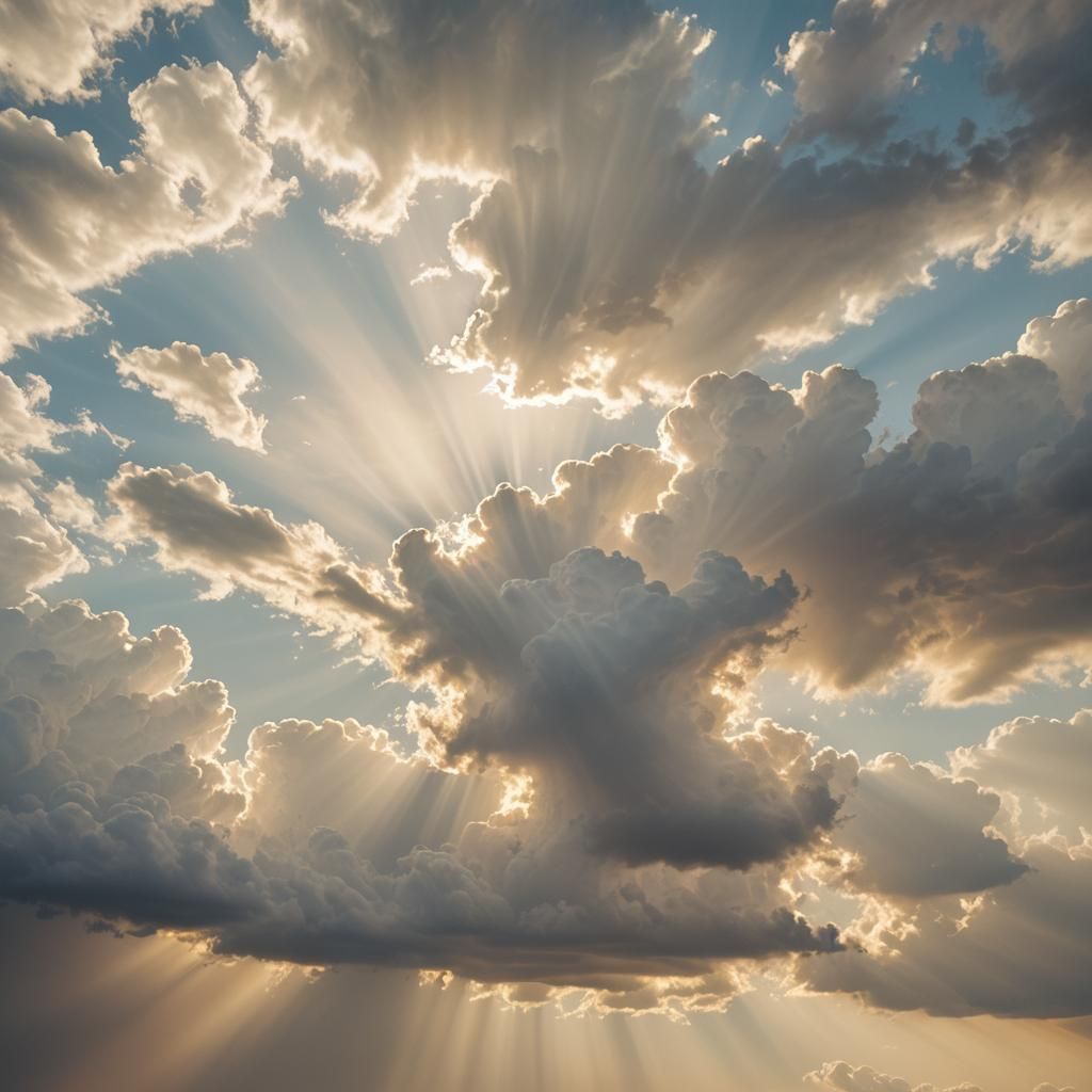 Ethereal Sunshine Breaks Through Clouds, Soft Focus Photogra...