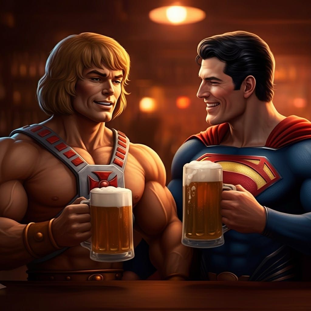 He-Man and Superman Enjoy a Night Out in a Dimly Lit Bar