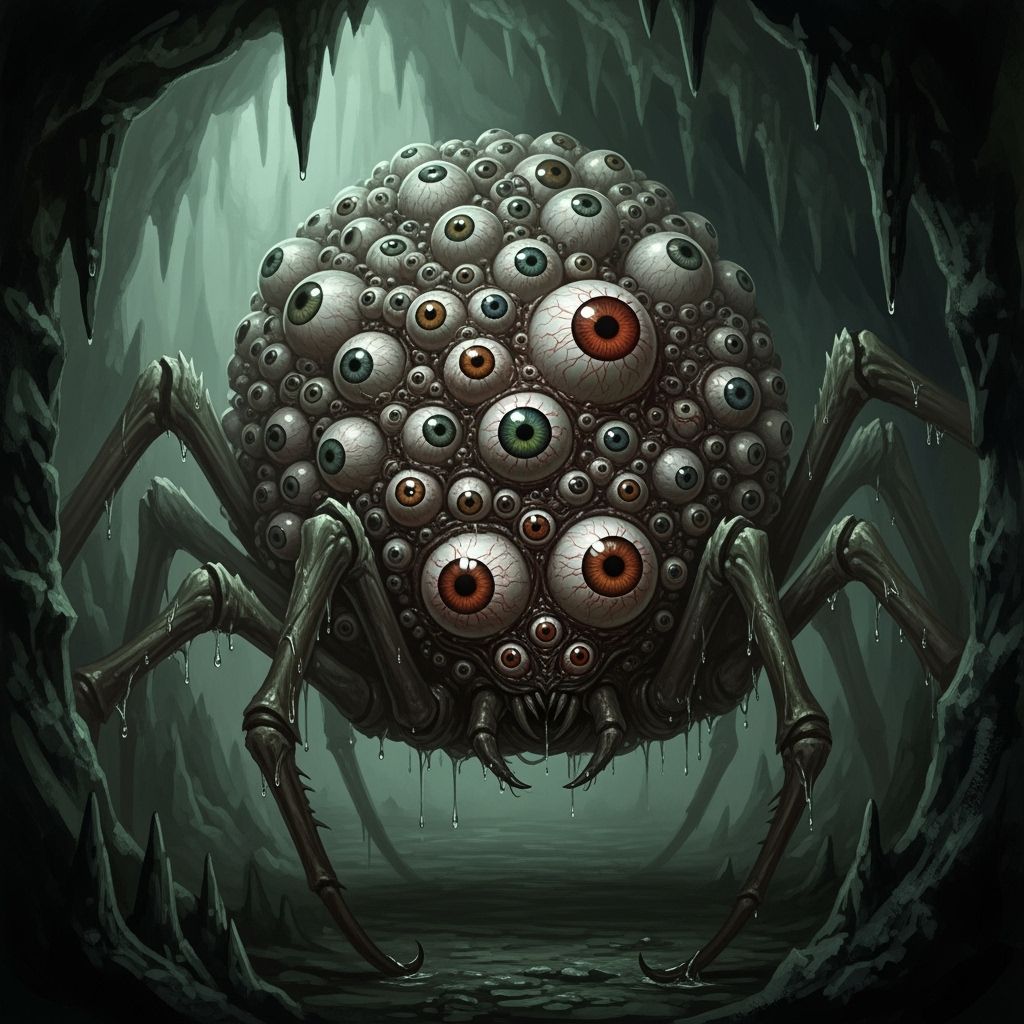 Monstrous Eyeball Spider Creature in Dimly Lit Cave