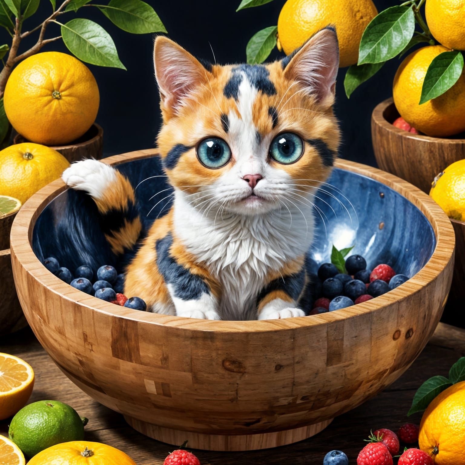 Calico Kitten Hiding in Citrus Fruit Bowl